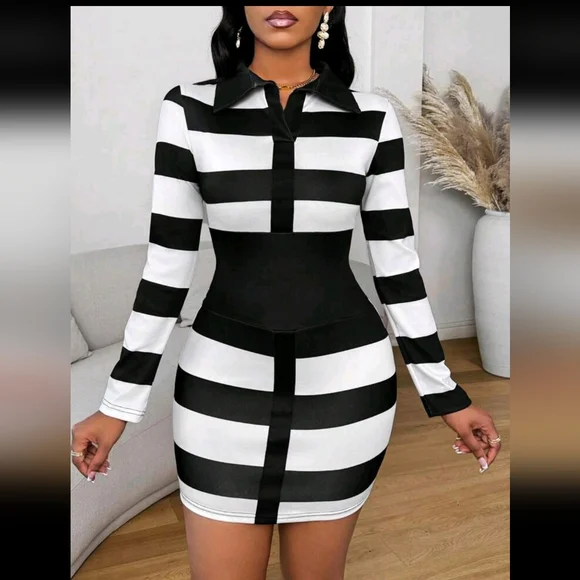 Black and White Striped Women's Dress - Picture 3 of 8